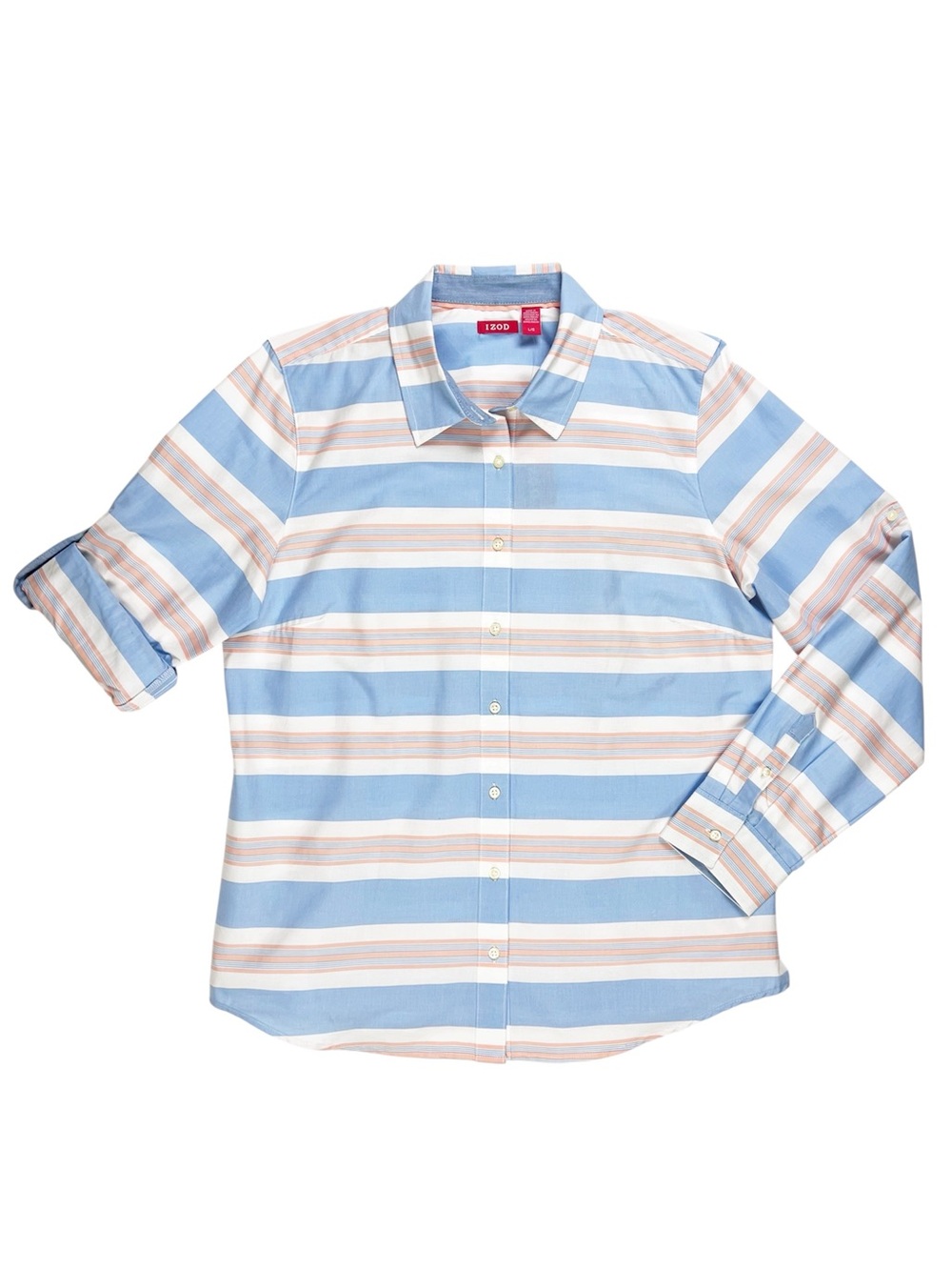 IZOD Blue Orange Striped Button Down Roll Tab Sleeve Blouse Top Size Large